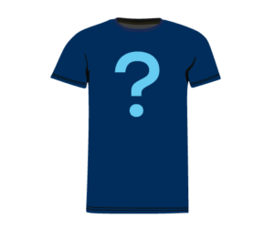 Graphic image of a blue t-shirt with a question mark on the front.
