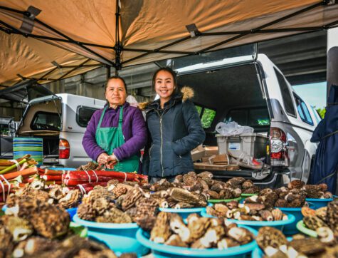 Mother daughters selling home grown vegetables at a local farmers market.