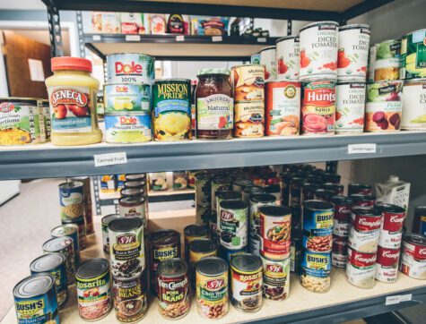 Shelves with cans of food at the University of Montana Food Pantry.