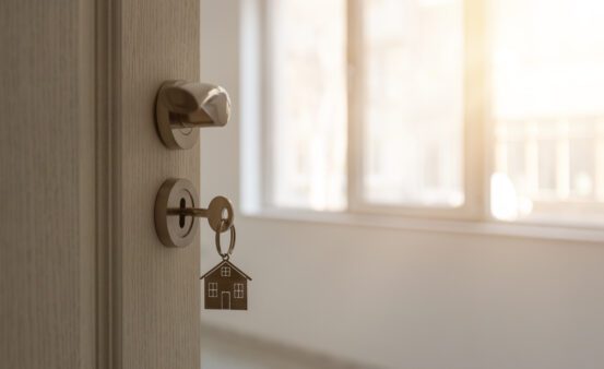 Open door to a new home with key and home shaped keychain. Mortgage, investment, real estate, property and new home concept