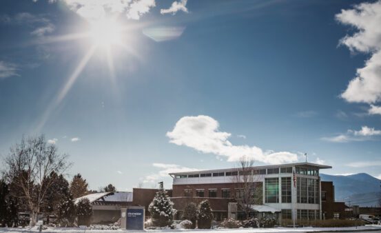 Exterior photo of the Clearwater Credit Union Headquarters building in Missoula, Montana during the winter.