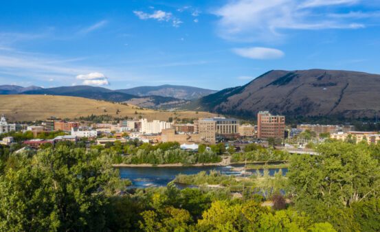 A late Summer view of downtown Missoula, Montana overlooking the river that runs through it.