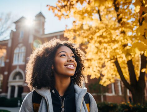 Portrait of a smiling young black female student on college campus in the fall.