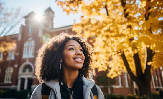 Portrait of a smiling young black female student on college campus in the fall.