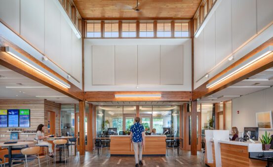 Man walking through lobby of the Clearwater Credit Union Brooks St Branch.