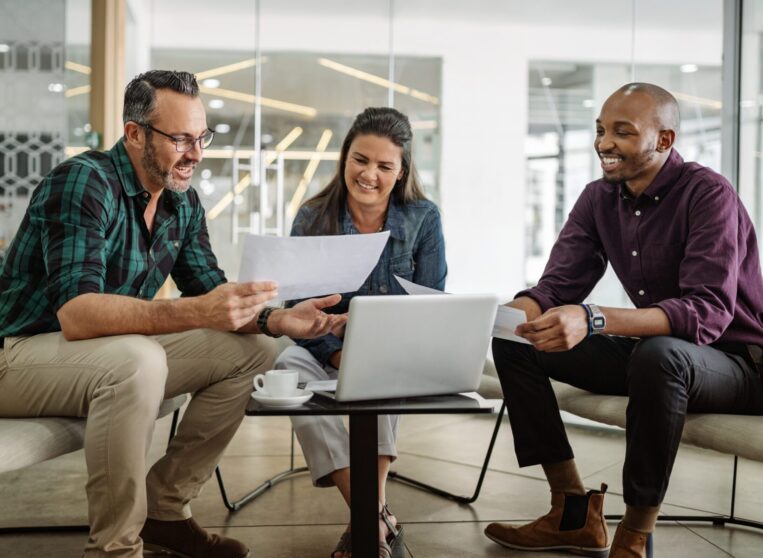 three people meeting casually